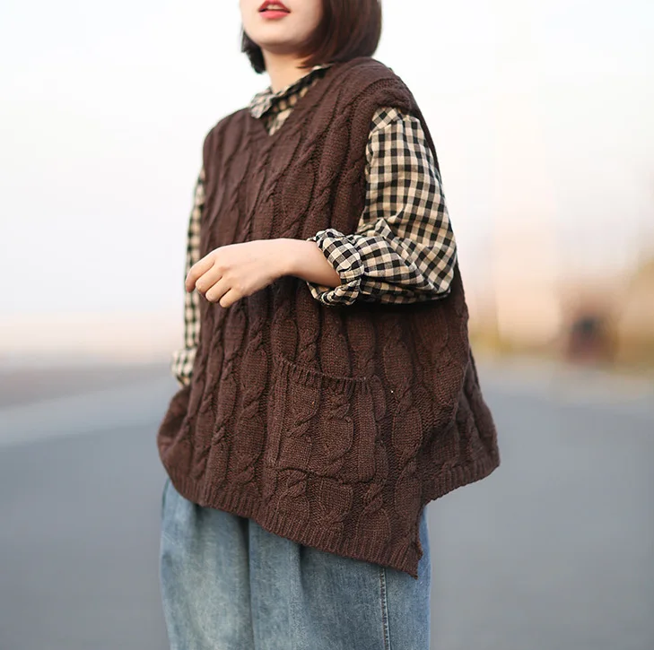 Spring vest Women Retro Large size Loose Pullovers Knitting Tops Hooded Button pocket Casual 2019 Ladies Mori girl | Женская одежда