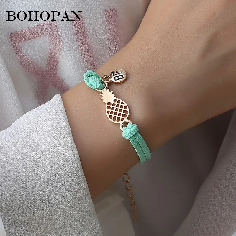 

Gold Color Pineapple Bracelet For Women 7 Color Leather Chain Handmade Fashion Jewelry Adjustable Size Gift Bangles Men pulseras