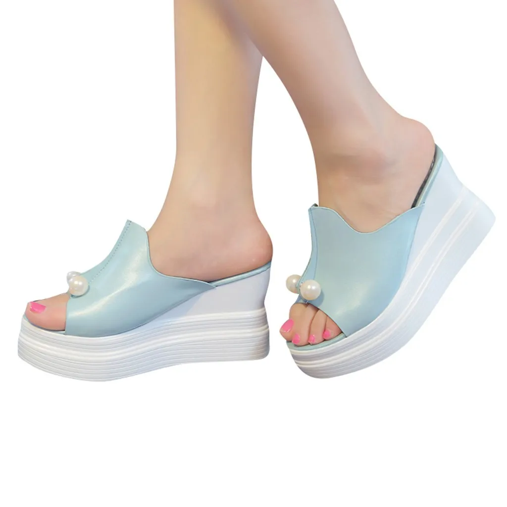 YOUYEDIAN/Женская обувь Женские шлепанцы с жемчугом на танкетке Шлепанцы открытым