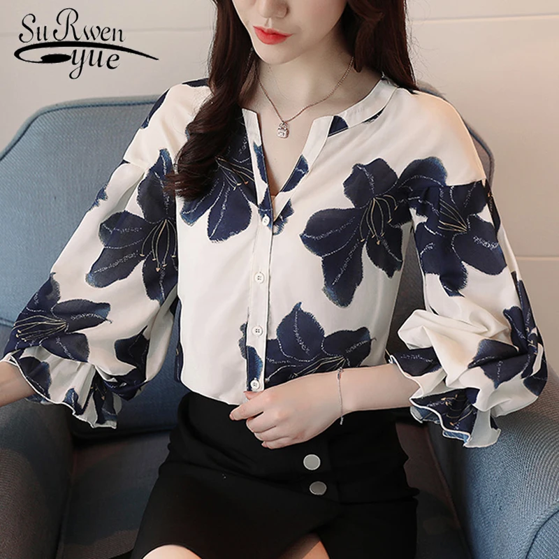 Модные женские блузки 2021 Повседневная блузка с цветочным принтом и V-образным