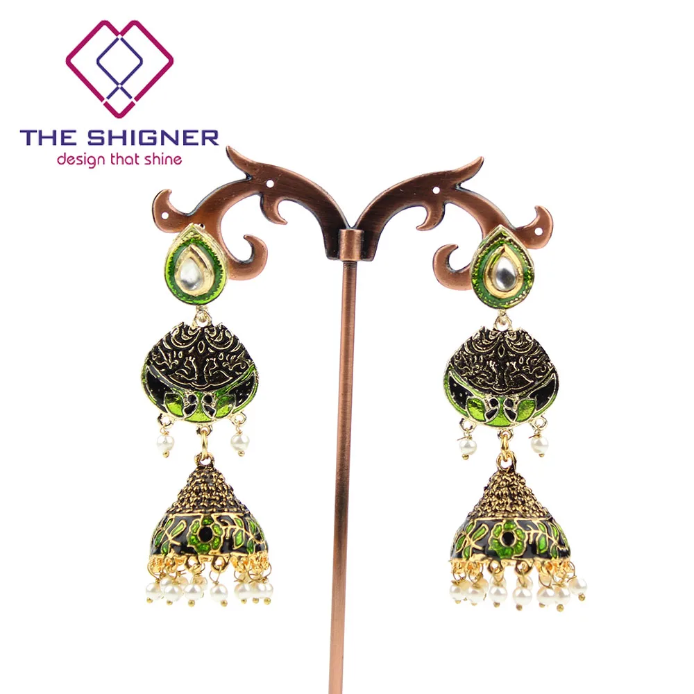 SHIGNER Индийские Традиционные ювелирные изделия chandali Jhumka Jhumki серьги с эмалью Meenakari кундан жемчуг висячие серьги