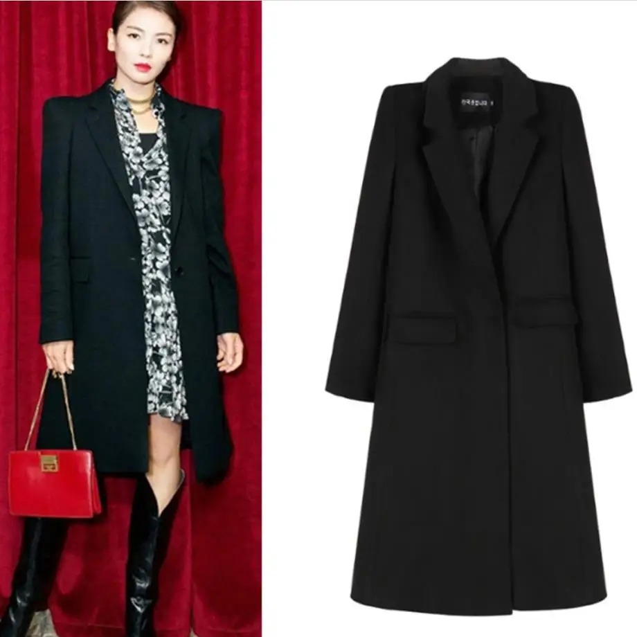 

Women Winter Long Coat Autumn Slim Outerwear Fashion Black women Warm slim wool blends Overcoats