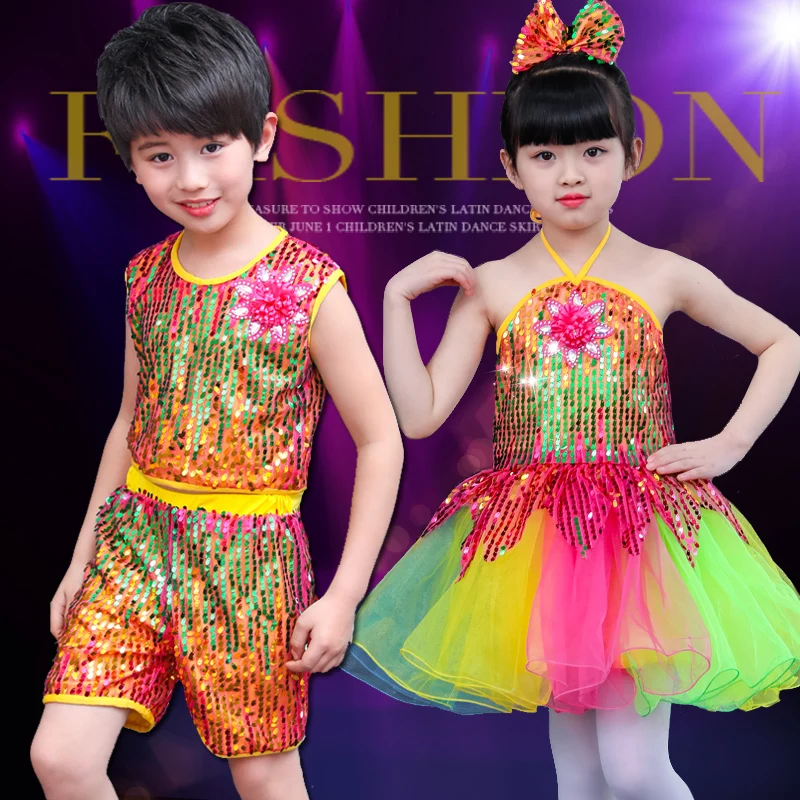 Kid boy girl dance colorful rainbow sequins glitter jazz costume dress clothes hip hop stage clothing tutu |