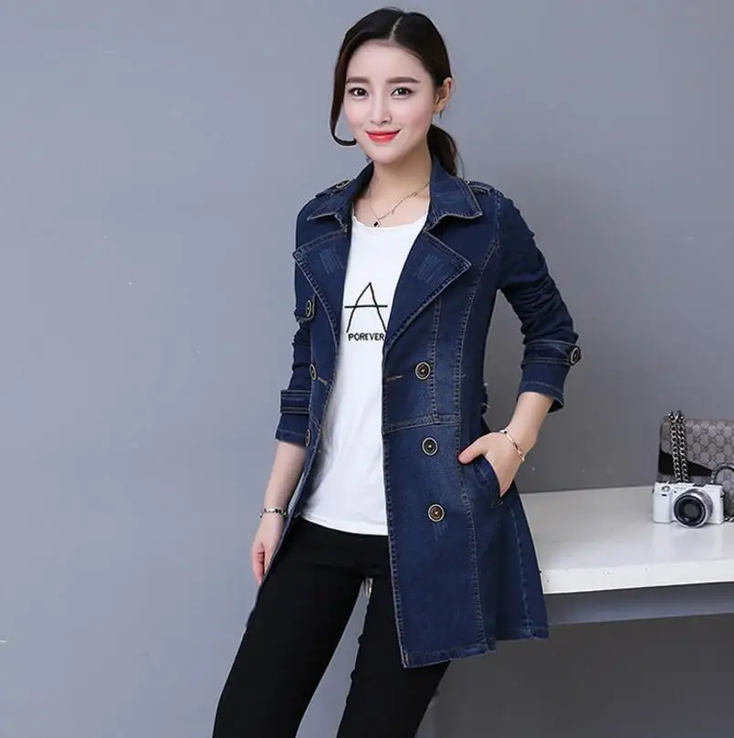 Autumn Women Casual slim Long Denim Trench Coat Female Boyfriend jean Overalls Plus Size Double-breasted Windbreaker coats y79 | Женская