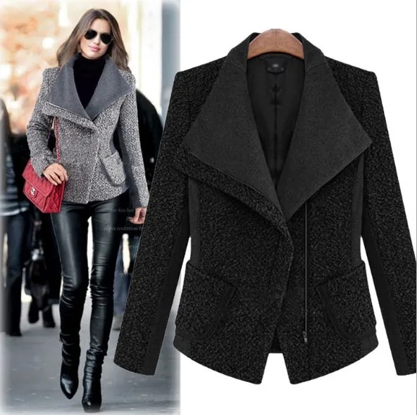 Женское шерстяное пальто с большим отворотом и длинными рукавами облегающее