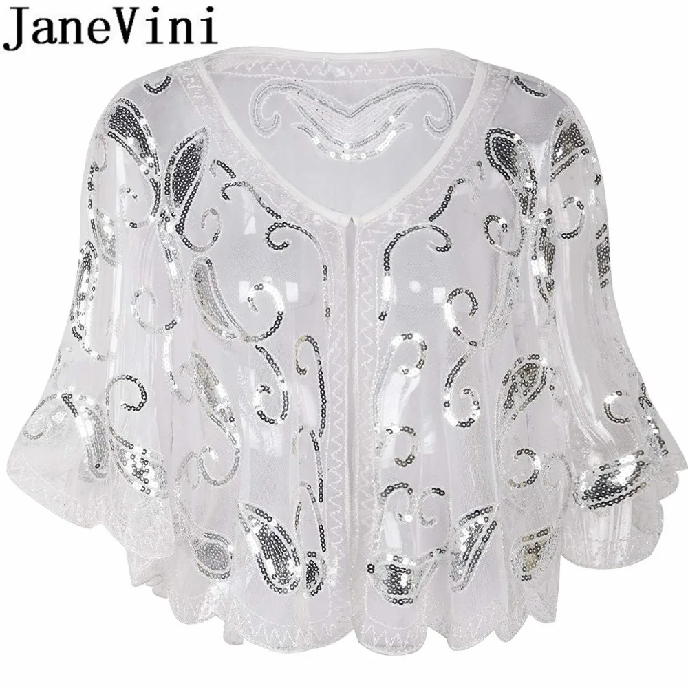 JaneVini Blingbling расшитый блестками женский плащ вышитая бисером Свадебная кофта Болеро шаль черные Серебряные Блестки вечерние свадебные куртки палантин