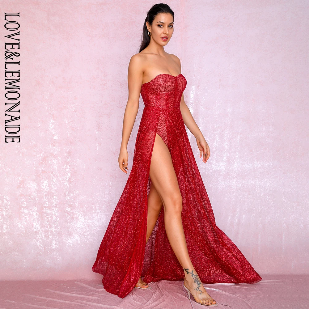 LOVE & LEMONADE сексуальное красное платье пончо без бретелек из блестящего материала с