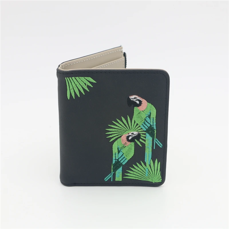 Женский кошелек с вышивкой птицы Portefeuille Femme на молнии, короткий кошелек, кожаный держатель для карт, зеленый, синий, розовый, черный, женские кошельки