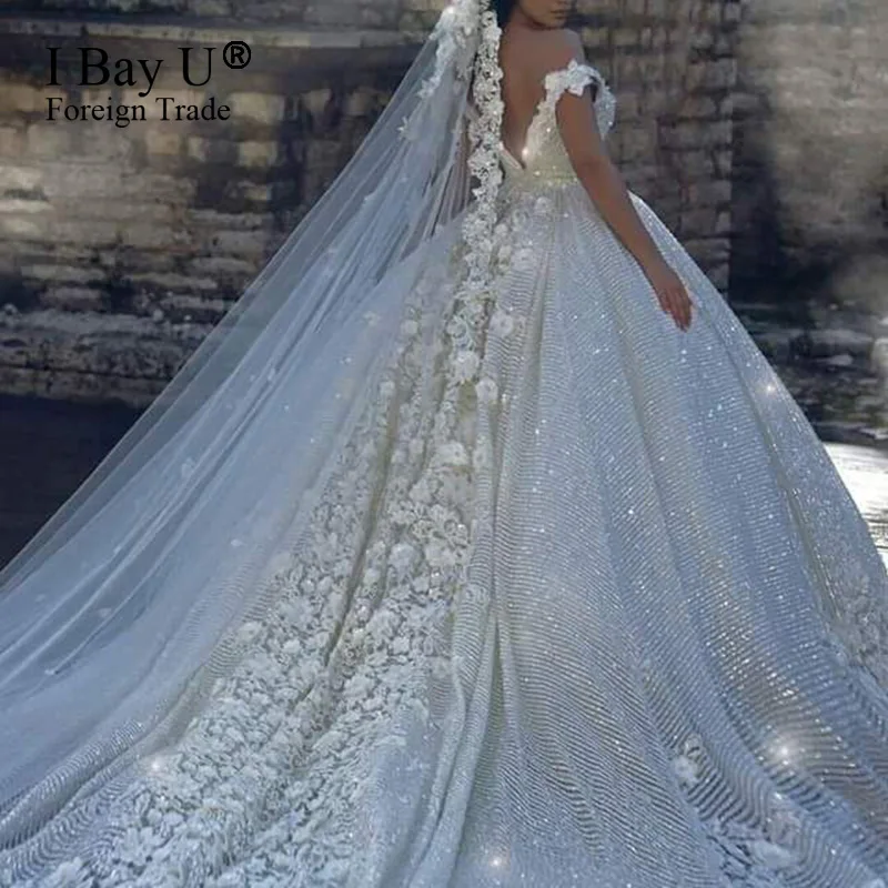 Luxury Sequins Lace Wedding Dresses 2021 3D Flower Ivory Shiny Beading Ball Gown Bridal Gowns Dress Dubai Vestidos De Novia | Свадьбы и