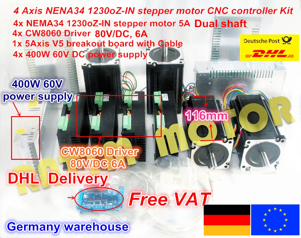 【EU Бесплатная VAT】 4 оси Nema34 шаговый двигатель 1230Oz-in/5A двойной вал и 6A/80VDC 256 Microstep драйвер комплект для фрезерного станка с ЧПУ