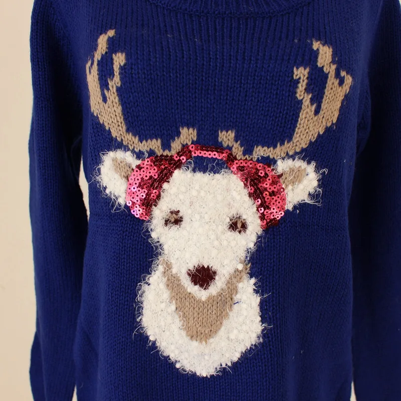 Ugly Sweater Christmas Women Deer Embroidery Sequines Knitted Pullover Jumper Top Autumn Winter Sueter Mujer pull femme C89593 | Женская