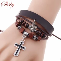 shsby mens leather bracelets cross bewelry bangles women vintage multiple layer weave charms wristlet for girl boy gift