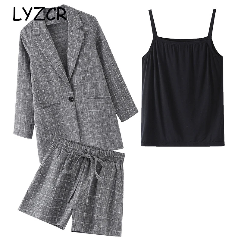 Lyzcr Plaid Office 2 Piece Suit Set Women Plus Size Summer Womens Tops And Shorts Sets two Women‘s large | Женская одежда