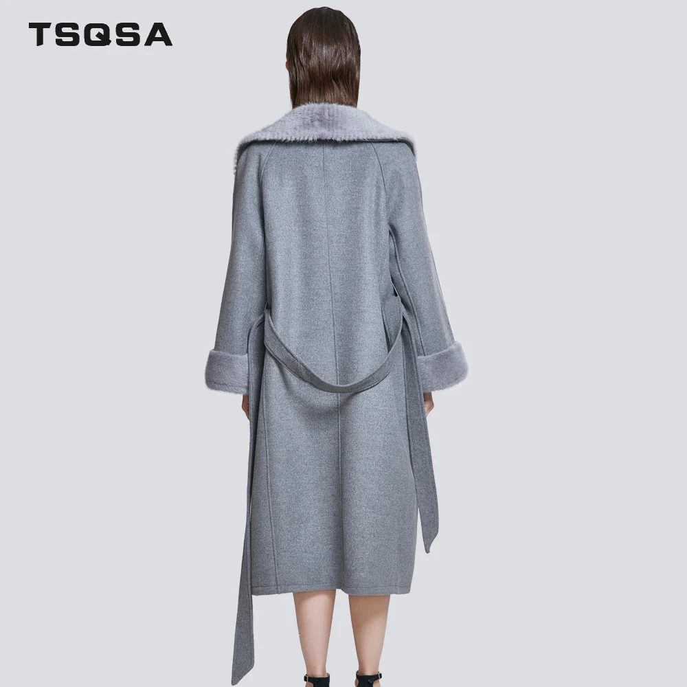 TSQSA Натуральный Натуральный Шуба из Норки Мода Длинная Женская Куртка Шерстяная И Норковая Женская Верхняя Одежда Зимнее Теплое Пальто TAC1812