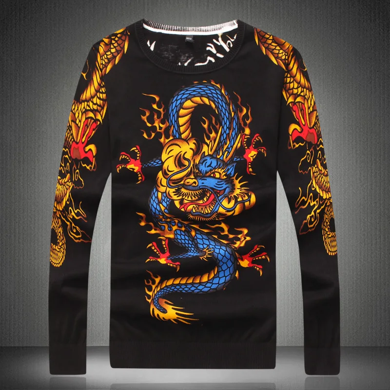 

Chinese style lion dragon pattern printing fashion casual sweater Autumn 2019 New high-quality cotton knitted sweater men M-XXXL