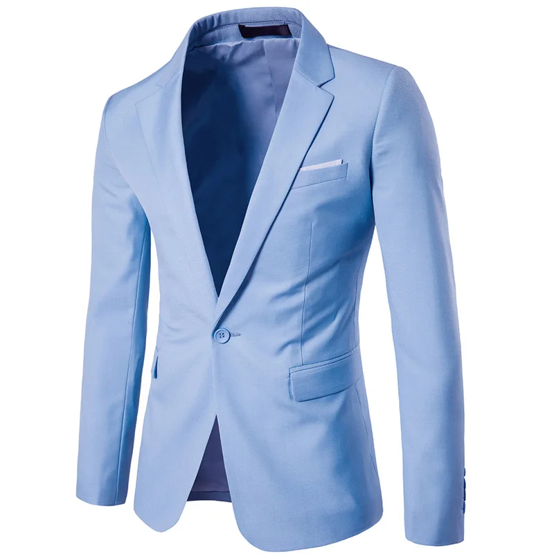 Light Blue Мужской черный приталенный пиджак весна осень однобортный костюм на одной пуговице пиджак для деловых мужчин костюм Homme - Цвет: Light Blue