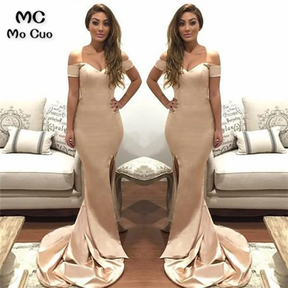 

Red Mermaid Off Shoulder Evening Dresses Prom gown Long In Stock Zipper Back Satin Women's Formal Evening Party Dresses