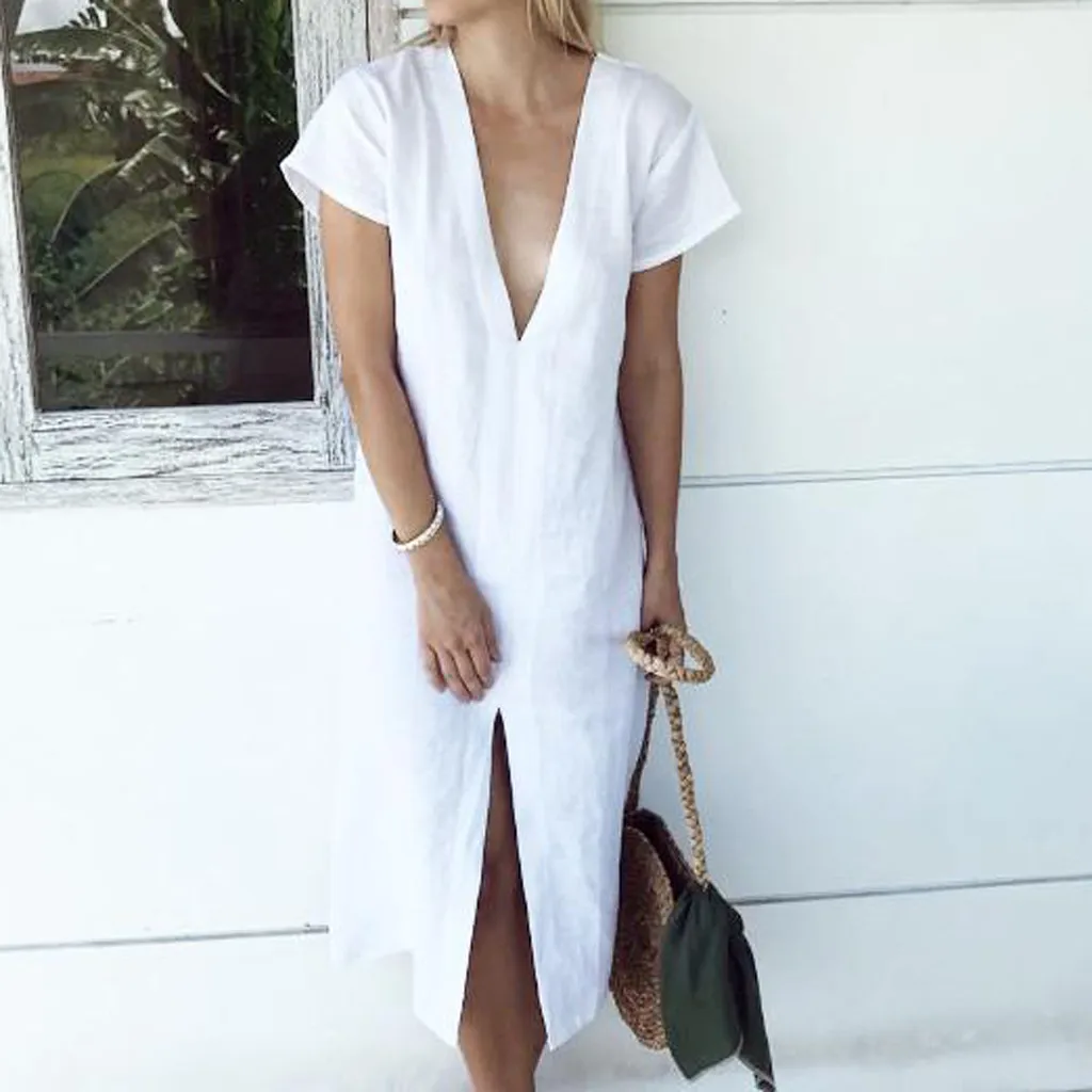Летнее женское длинное модное платье с v-образным вырезом и коротким рукавом