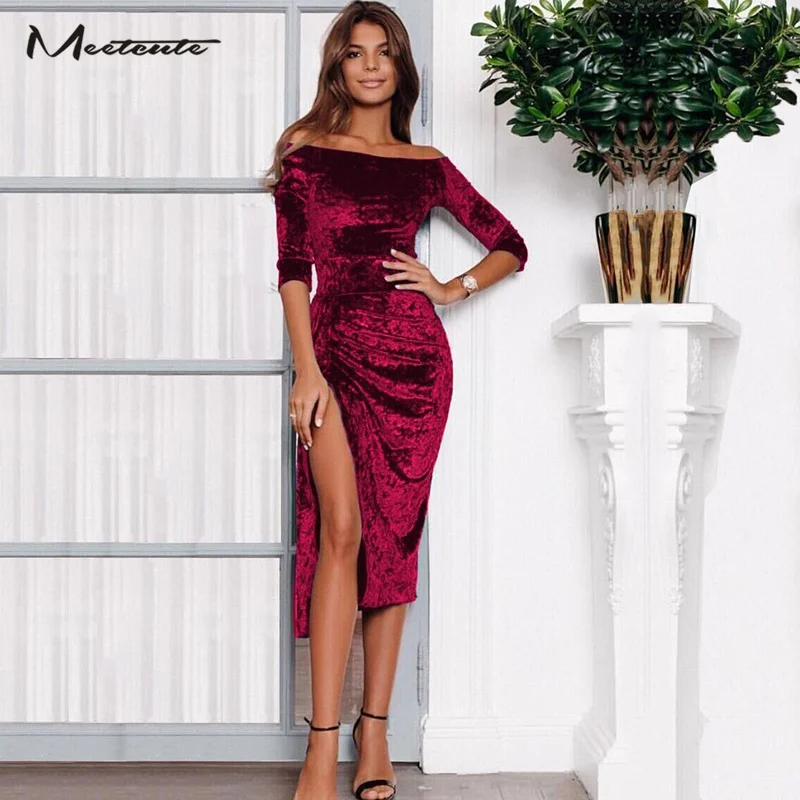 Meetcute New Winter Side Slit Velvet Dresses Woman Wine Red Vintage Dress Off Shoulder Slim Split Elegant Evening Party Vestidos | Женская
