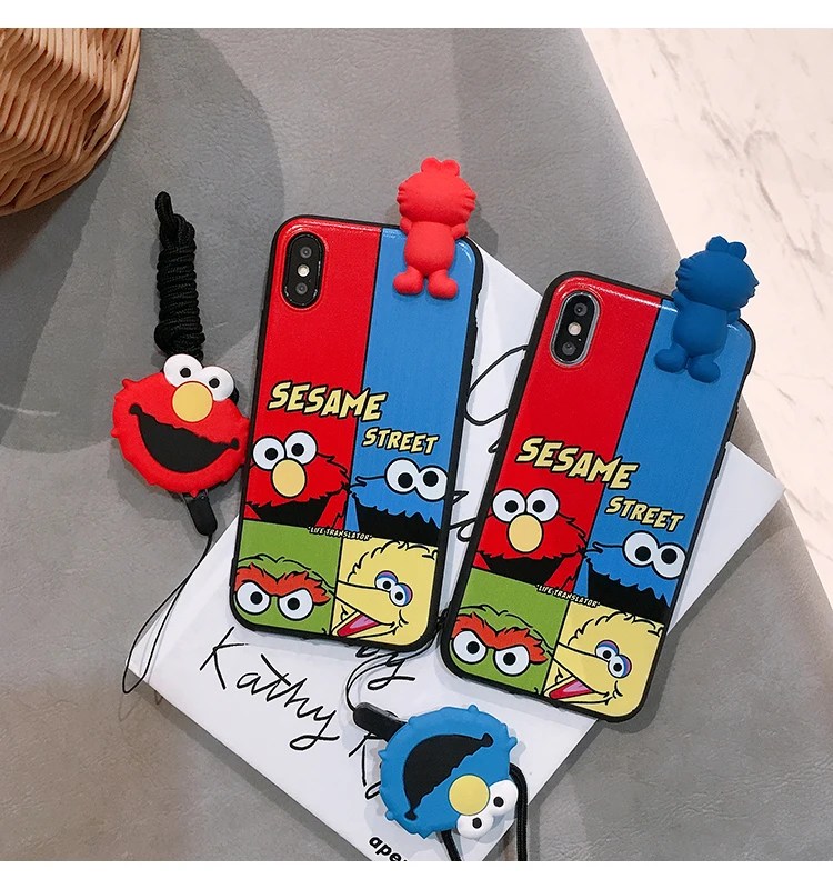 SAM S10 plus Cute 3D Sesame Street phone case For Samsung Galaxy S7 Edge S8 S9plus S10E note8/note9 Cartoon back cover + strap |