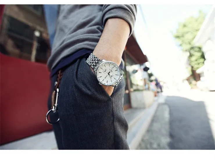 SINOBI полностью Стальные кварцевые часы мужские черные роскошные для мужчин