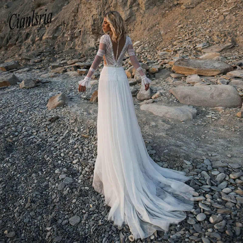 Женское платье с длинным рукавом кружевное пляжное А-силуэта треугольным