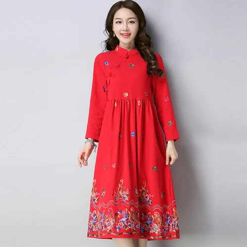 Spring New Long Sleeve Embroidery Large Size Vintage Dress Ethnic Elegant Literature Midi Female Brief Vestido De Festa | Женская одежда