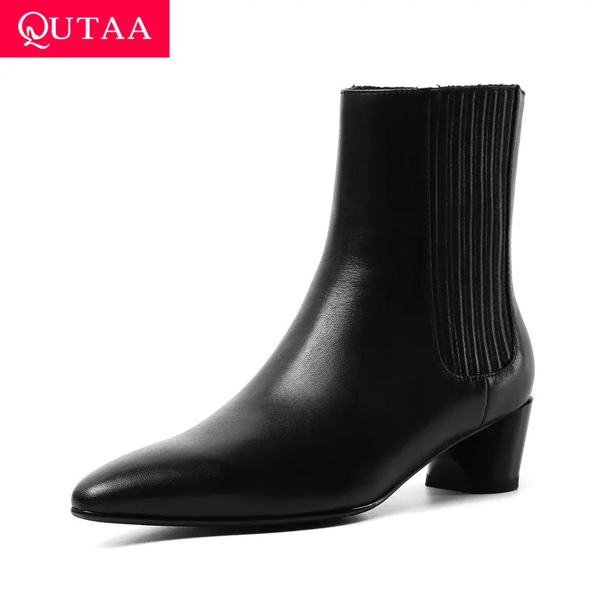 QUTAA/женские осенние ботинки из натуральной кожи без шнуровки с острым носком на