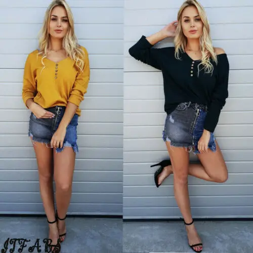 2019 Женский Повседневный однотонный пуловер с длинными рукавами и пуговицами