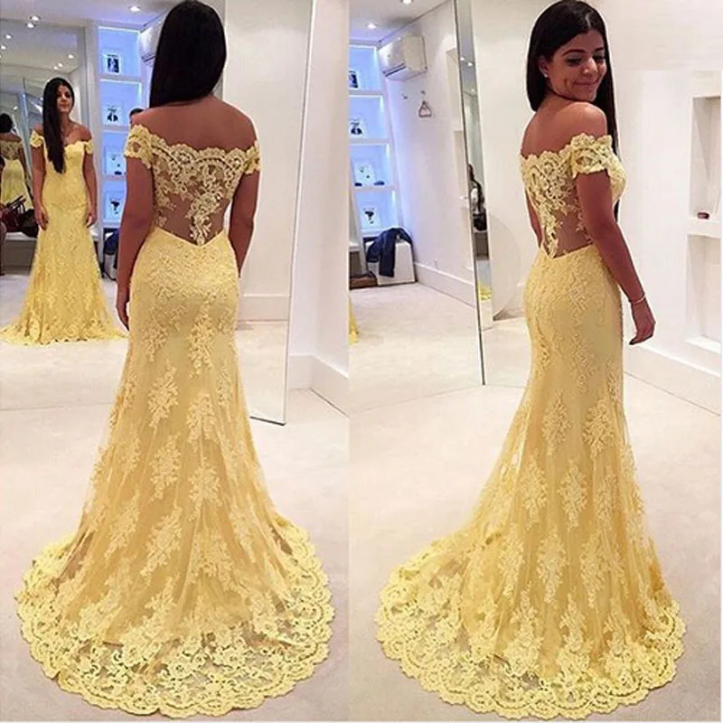 Robe de soiree желтое кружевное платье для матери невесты платья Очаровательная Русалка Наплечная аппликация для женской футболки бисером развертки поезд вечерние платья - Цвет: Цвет: желтый