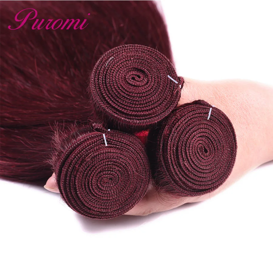 Puromi Malaysian Straight Hair 3 Bundles Double Weft Wine Red Pure Color 99j# Non-Remy 100% Human Weave Free Shipping | Шиньоны и