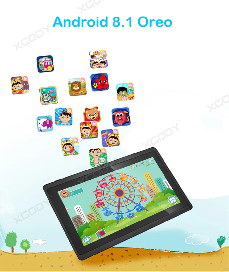 XGODY " планшет Android 8,1 для детей, портативный 7-дюймовый Детский планшетный ПК, четырехъядерный 1 ГБ, 16 ГБ, HD Двойная камера, WiFi, с подставкой, чехол