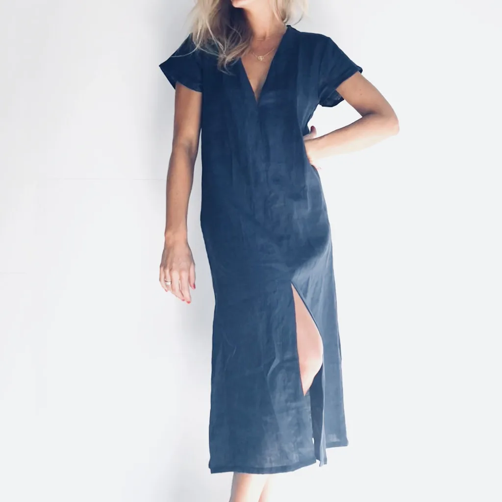 Летнее женское длинное модное платье с v-образным вырезом и коротким рукавом