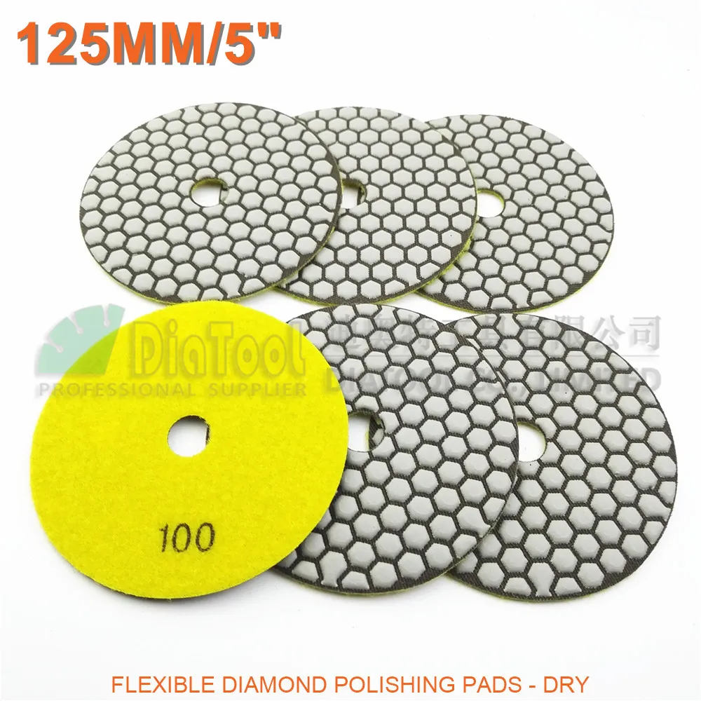DIATOOL 6pcs 5"#100 B Diamond dry polishing pads 125mm Sanding Disc For Granite Marble Stone