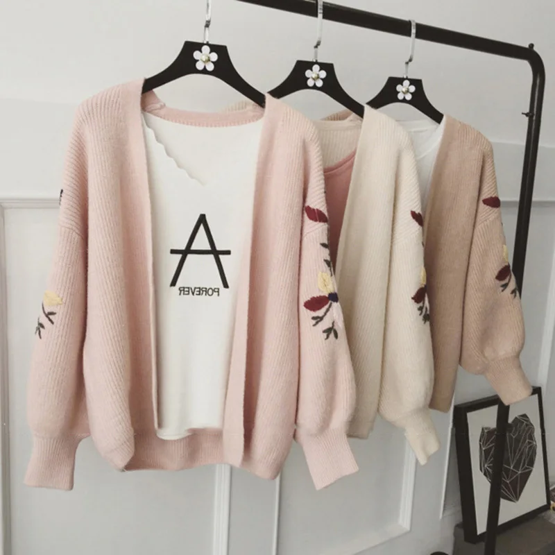 

Long Summer Cardigan embroidery Sweater Female Long Sleeve Knitted Cardigans Feminino Tops Plus Size Pink Cardigan