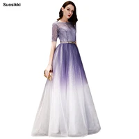 suosikki gently purple long evening dress the bride sexy half sleeves lace up back slim party formal dress women elegant