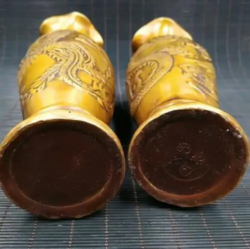 

A Pair Exquisite Chinese Old Brass Handmade Dragons And Phoenix Vase Flower Bottle Statue