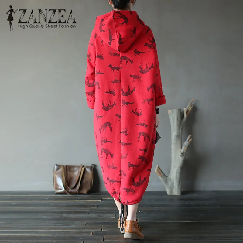 ZANZEA плюс Размеры кафтан с длинным рукавом длиной до середины голени, с животным принтом пуловер с капюшоном, толстовка, на шнуровке, стильная школьная Горячая Vestido