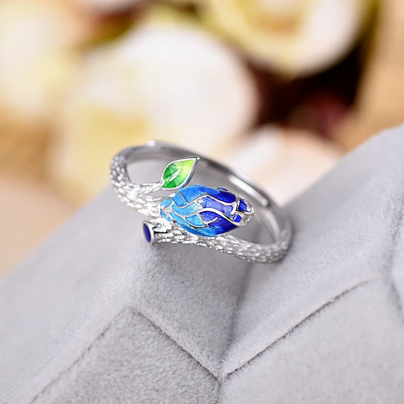 Кольцо из эмали в стиле ретро инкрустированное цветком синее кольцо форме бутона