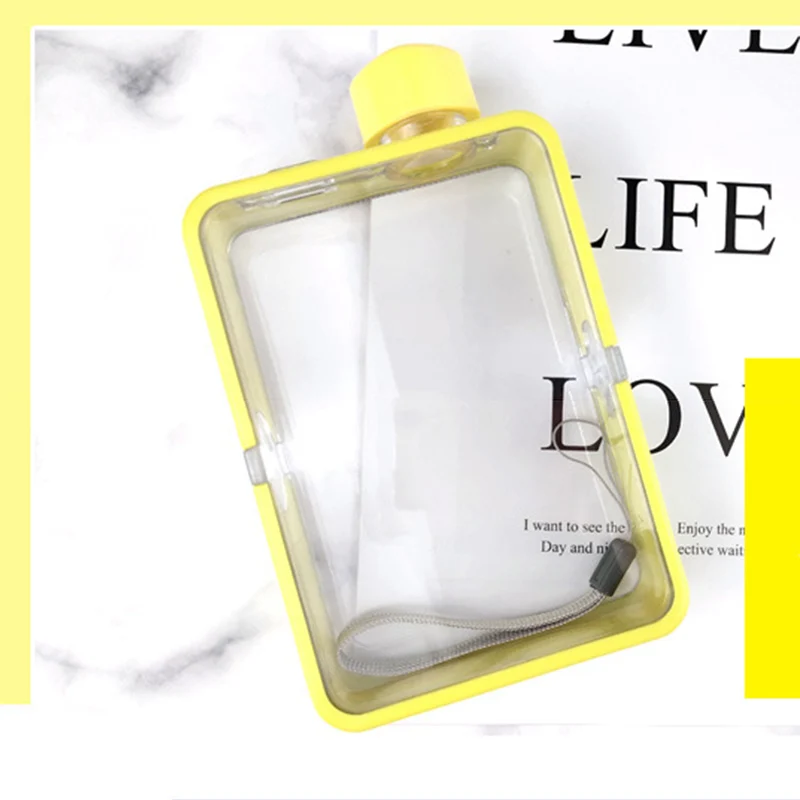 yellow Пластиковая Цветная плоская бутылка А5 для любителей воды для женщин, креативная Спортивная бутылка, простая портативная бутылка для фитнеса DUPB001 - Цвет: yellow