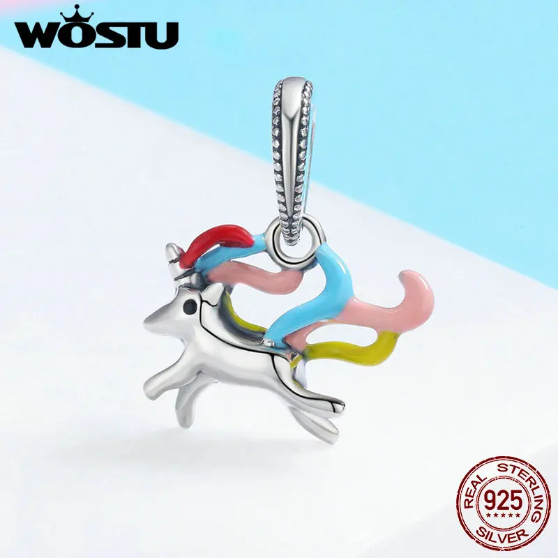 WOSTU Новая мода 925 пробы Серебряный красочный единорог талисман на память кулон подходит для женщин Шарм браслет DIY Ювелирные изделия CQC502