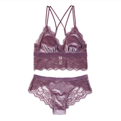 Сексуальный мусс ресницы кружева бархат без обода Bralette нижнее белье дамы бюстгальтер набор тонкий сексуальный фиолетовый черный синий бюстгальтеры - Цвет: Лаванда