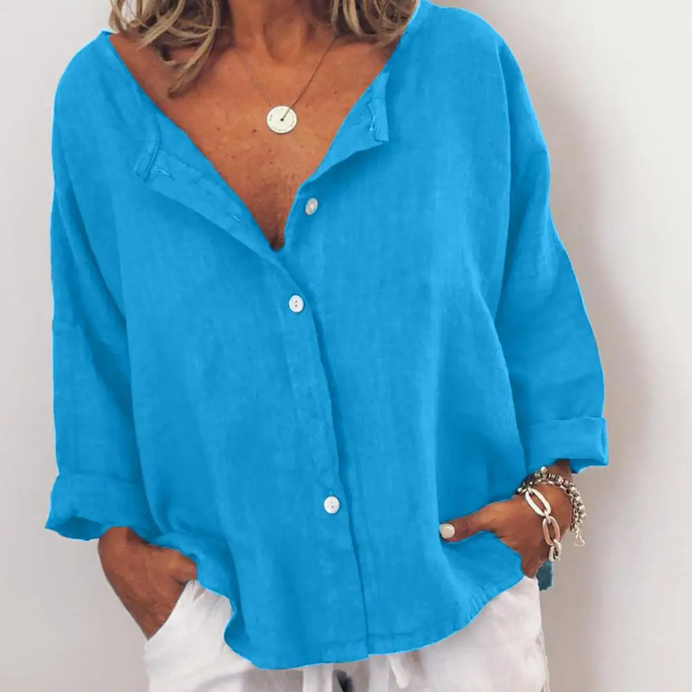 

Blouse Women Summer Autumn Long Sleeve Solid Tunic Blouses Women's Button Cotton Linen Shirts Chemisier Femme Drop shipping c