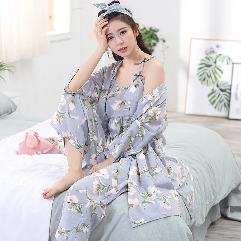Женский пижамный комплект из 3 предметов топ + брюки халат 100% хлопок с цветочным
