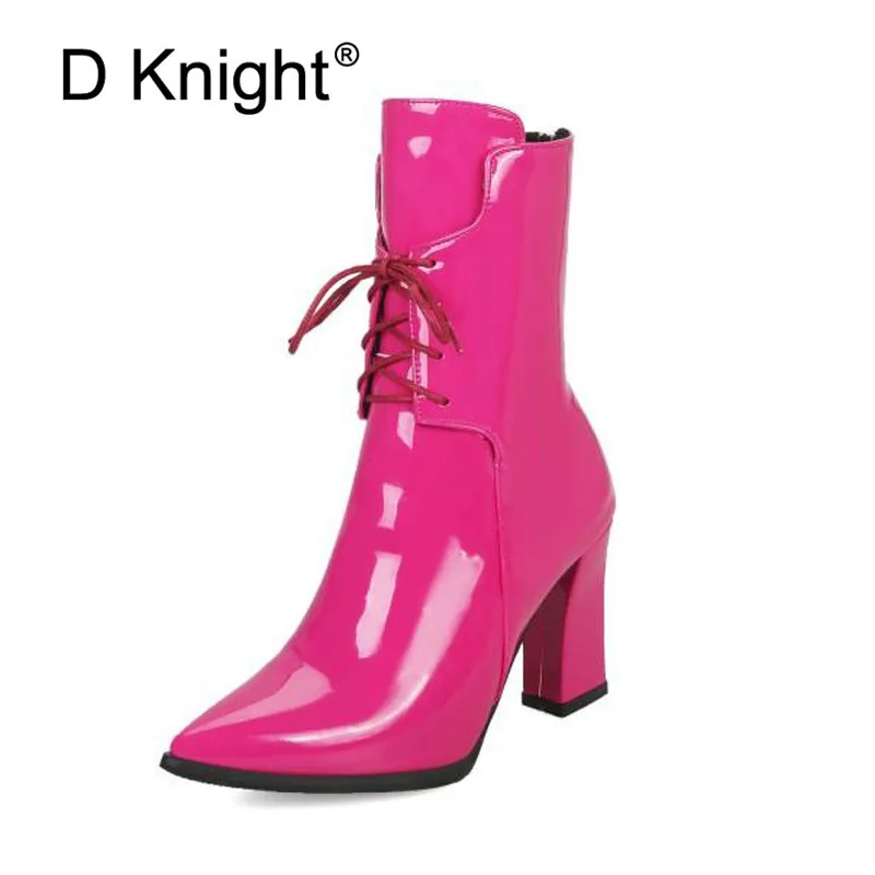 Brand Designers 2018 Winter Patent Women Shoes Black High Heels Riding Boots Lacing Platform Ankle Chunky Large Size 32-43 | Обувь