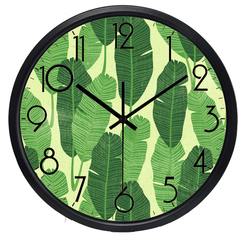 

Креативные простые настенные часы с зелеными листьями, популярный бренд в европейском стиле, бесшумная металлическая рамка, стеклянный циф...