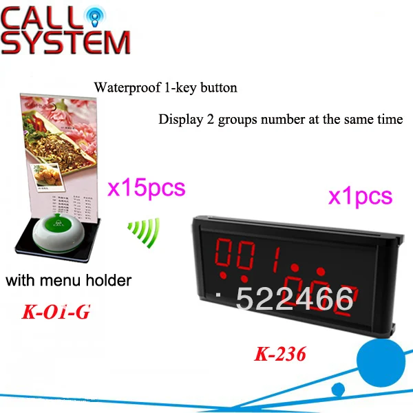 

Wireless Table Call Bell System K-236+O1-G+H for restaurant with 1-key call button and display receiver DHL free Shipping