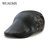 wuaumx high quality autumn winter pu leather beret hats for men faux leather beret hat with ring mens visor flat cap wholesale