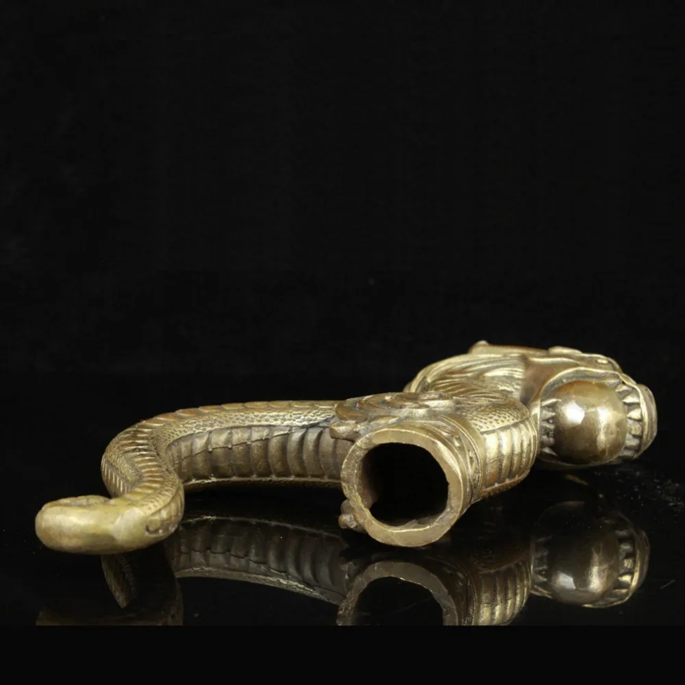 Старый ручная работа Резной орнамент Бронзовый Редкие Дракон Статуя тростника