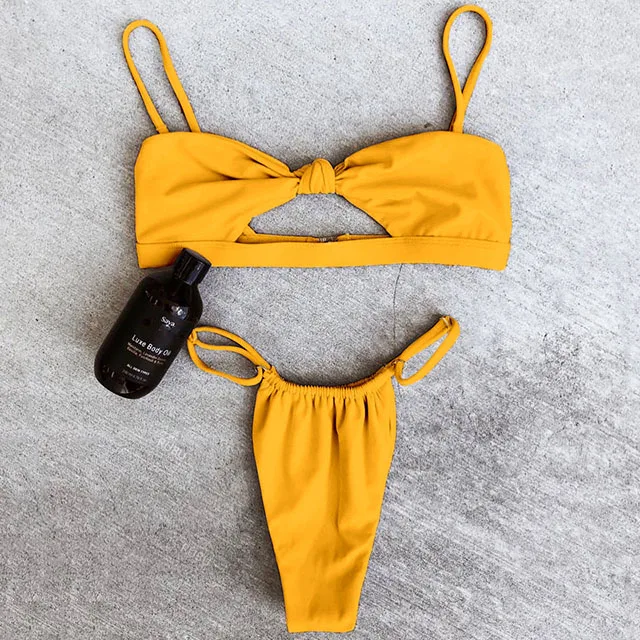 B621Yellow С узлом на груди бикини полый купальник женский сексуальный стринги микро бикини набор купальники из Бразилии женский купальный костюм с пуш-ап купальник - Цвет: B621Yellow